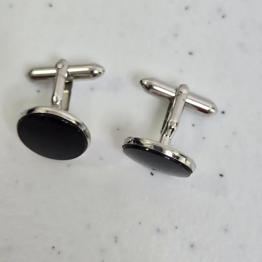 Swank Cufflinks Black Enamel Circle Silver Tone Shiny Black Onyx Bar